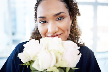 Image showing Portrait, nurse and healthcare professional with flowers or roses smile, happy and holding a gift or present feeling excited. Bouquet, happiness and medical woman in celebration for a promotion