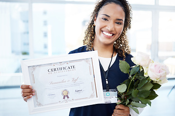 Image showing Certificate, flowers and portrait with a black woman graduate in the hospital, proud of her achievement. Smile, graduation and qualification with a happy young female nurse standing alone in a clinic