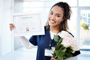 Image showing Certificate, rose and portrait with a black woman graduate in the hospital, proud of her achievement. Smile, graduation and qualification with a happy young female nurse standing alone in a clinic