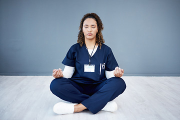 Image showing Nurse, calm or sitting meditation on hospital mockup, clinic mock up or wall for mental health, peace or chakra wellness. Doctor, healthcare or meditating woman for zen mindset, relax energy or yoga