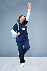 Image showing Woman, portrait or excited in medical school success, hospital internship goals or medicine university dream. Smile, happy or nurse and backpack, coffee or motivation on isolated mockup for education