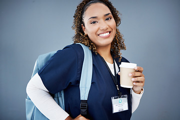 Image showing Doctor, portrait and backpack for medical student, hospital internship or medicine university on isolated wall mockup. Smile, happy and woman and coffee, nurse ideas or healthcare goals for learning