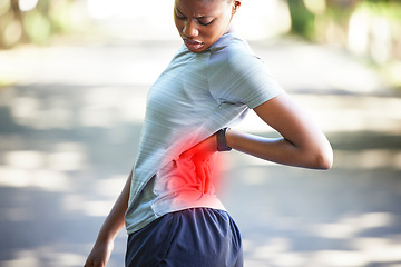 Image showing Sports, fitness and black woman with back pain in park for exercise, running workout and marathon training. Health, x ray anatomy and girl athlete with muscle strain, joint ache and spine wellness