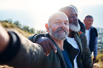 Image showing Senior hiking selfie, blue sky and nature walk of elderly men together ion a mountain. Friends, trekking adventure and happiness of old people outdoor for health, wellness and fitness on a journey