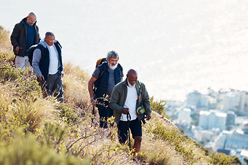 Image showing Group, senior and men hiking or trekking on mountain in Cape Town for exercise, workout or fitness. Team, teamwork and elderly people training outdoors in nature for an adventure, explore and health