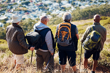 Image showing Hiking, city and relax with old men on mountain for fitness, trekking and backpacking adventure. Explorer, discovery and expedition with friends mountaineering for health, retirement and journey