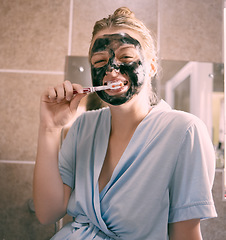 Image showing Brushing teeth, facial mask and portrait of a woman at night doing self care and wellness. Home treatment, bathroom and dental hygiene of a young person doing skincare and dermatology in a house
