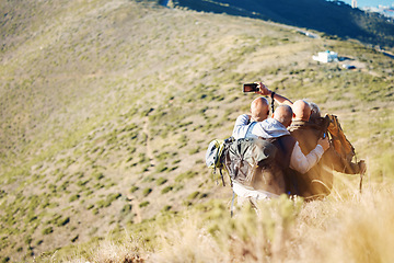 Image showing Hiking, selfie and senior men on mountain for trekking, backpacking and adventure with mockup. Social media, internet and photographer with friends and phone in nature for discovery or journey