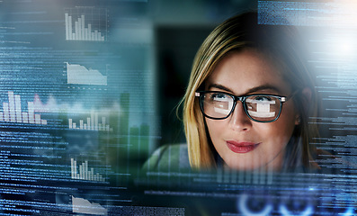 Image showing Fintech, futuristic hologram and woman on computer for online finance, stock trading and data analysis. Digital transformation, software overlay and face of girl for financial analytics on 3d screen