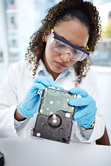 Image showing Computer hardware, inspection and black woman electrician with electronic cpu, circuit and microchip. Technology maintenance, programming and female technician fix coding, motherboard and processor