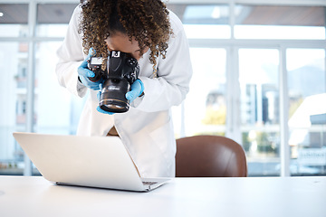 Image showing Science investigation, camera and black woman with laptop in laboratory for forensic research with evidence. Photography, police and girl take picture for crime analysis, analytics and observation