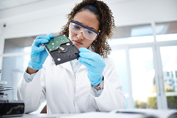 Image showing Hardware inspection, computer and black woman electrician with electronic cpu, circuit and microchip. Technology maintenance, programming and female technician fix coding, motherboard and processor