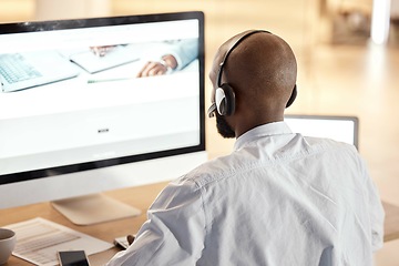 Image showing Call center, computer consulting or black man research for telemarketing, contact us CRM or telecom information. Customer service or employee for online e commerce, website consultant or contact us