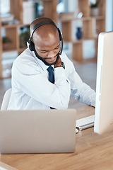 Image showing Black man, call center and neck pain by computer for tech support, communication and crm help desk. Telemarketing burnout, contact us and pc at desk for customer service in office with muscle strain