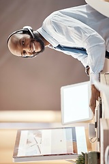 Image showing Blank computer screen, call center and portrait of black man on a telemarketing office call. Customer service, web support and contact us employee with a smile from online consulting job and career