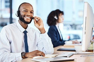 Image showing Crm portrait , telemarketing and black man in a ecommerce consultant sales office. Customer service, web support and contact us employee with a smile from online call center job and communication