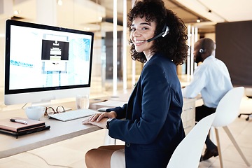 Image showing Computer screen, call center portrait and black woman working on a digital office call. Customer service, web support and contact us employee with a smile from online consulting job and career