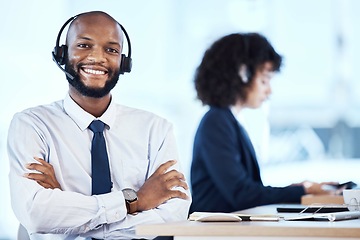 Image showing Customer service consultant, happy portrait and black man telemarketing on contact us CRM or telecom. Call center communication, online e commerce and information technology consulting on microphone