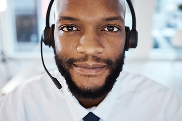 Image showing Customer service consultant, face portrait and black man telemarketing on contact us CRM or telecom. Call center communication, online e commerce and information technology consulting on microphone