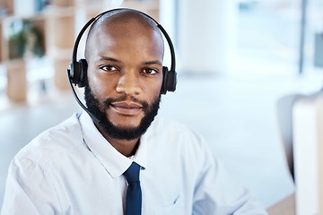 Image showing Customer service consultant, face portrait and man telemarketing on contact us CRM or telecom mockup. Call center communication, African e commerce and information technology consulting on microphone