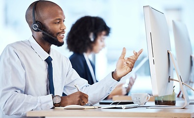 Image showing Call center, business and black man with computer, telemarketing or talking to help with tech support. Corporate, African American male employee or consultant with headset, conversation and workplace