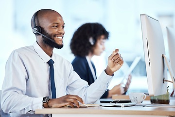 Image showing Customer service, computer consulting and happy black man telemarketing on contact us CRM or telecom. Call center communication, online e commerce or information technology consultant on microphone