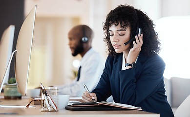 Image showing Call center, black woman and writing of a crm, contact us and telemarketing employee. Consultant, web support and computer communication of an online consulting agent working on customer service