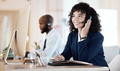 Image showing Crm, call center and black woman communication of a lead generation worker on a office call. Customer service, web support and thinking contact us employee with a smile from online consulting job