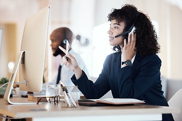 Image showing Crm, black woman and conversation of a call center, contact us and telemarketing employee. Business worker, web help and computer communication of an online consulting agent doing customer service