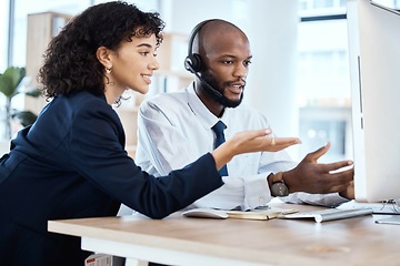 Image showing Callcenter, CRM or teamwork on computer for coaching, consulting or networking in office. Customer service, learning or black man and woman on tech for telemarketing, research or strategy support