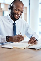 Image showing Customer service, consulting notebook and black man writing telemarketing summary for contact us CRM. Call center communication, e commerce telecom or information technology consultant on microphone