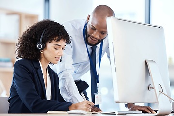 Image showing Telemarketing, manager help consultant and call center in modern office, business and writing notes. Customer service, woman and black man in workplace, coaching and training for process and system