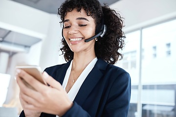Image showing Callcenter, customer service or woman with phone for comic social media, blog news or networking. CRM, search or happy consultant on smartphone for telemarketing, research or online bet app success