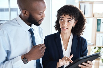 Image showing Office tablet, teamwork collaboration and black people review finance portfolio feedback, stock market database or investment. Economy, forex account manager and trader trading NFT, bitcoin or crypto