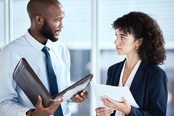 Image showing Office portfolio, team collaboration and business people review documents, stock market feedback or investment. African economy, trading account manager and administration teamwork on finance budget