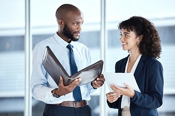 Image showing Business portfolio, office teamwork and people review documents, stock market feedback or investment. African economy, trading account manager or administration team collaboration on financial budget