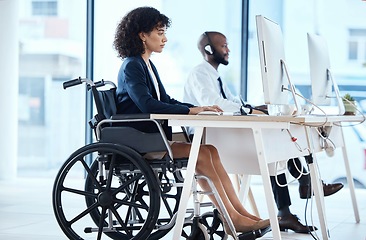 Image showing Call center, computer consulting and wheelchair woman telemarketing on contact us CRM or e commerce telecom. Customer service, disability and information technology consultant on online communication