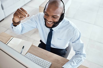 Image showing Customer service computer, consulting celebration or happy man telemarketing on contact us CRM or African telecom. Call center fist pump, online ecommerce or excited information technology consultant