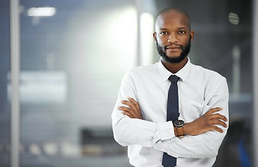 Image showing Office portrait, confidence and business man, trader or leader with pride in mission, corporate vision or broker career. Administration mockup, manager success and African person with crossed arms