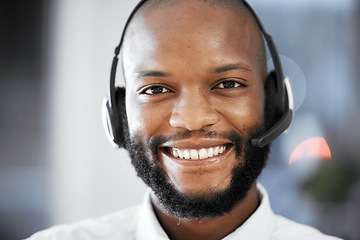 Image showing Customer support consulting, face portrait and happy man telemarketing on contact us call center or telecom. E commerce CRM, information technology and African consultant on microphone communication