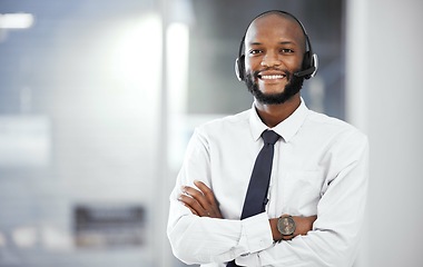 Image showing Customer support portrait, happy and black man consulting on telemarketing, contact us CRM or telecom. Call center communication, e commerce mockup and information technology consultant on microphone