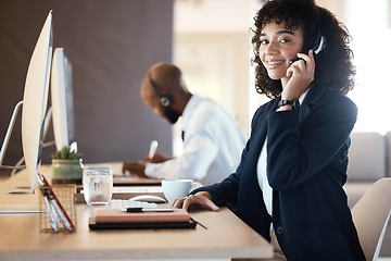 Image showing Crm, callcenter portrait and black woman working on lead generation on a office call. Customer service, web support and contact us employee with a smile from online consulting job and career