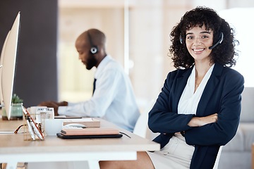 Image showing Crm portrait, call center and black woman by a lead generation computer on a office call. Customer service, web support and contact us employee with a smile from online consulting job and career