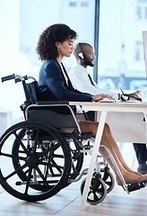 Image showing Call center, disability consulting and wheelchair woman telemarketing on contact us CRM or e commerce telecom. Customer service, female and information technology consultant on online communication