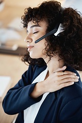 Image showing Telemarketing, black woman and neck pain in call center, stress and customer service for tech support. Business, female consultant and agent with muscle strain, tired and overworked in modern office