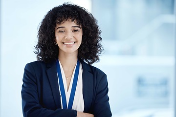 Image showing Business woman, portrait and smile with vision and professional mindset, corporate goals with success. Face, happy in career and leadership mission with empowerment, mockup space and leader in Mexico