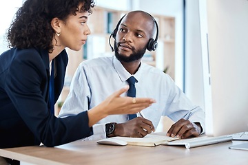 Image showing CRM, customer service or teamwork writing notes for coaching, consulting or networking in office. Call center, learning or black man and woman on tech for telemarketing, research or strategy support