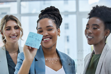 Image showing Planning, sticky note and writing with business people for creative, strategy and agenda. Mission, goals and schedule with group of women and glass board for idea, information and target in startup