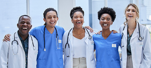 Image showing Group, happy doctors and healthcare portrait for hospital services, mission and diversity values. Support, love and laughing nurses, medical professional employees or face of USA clinic staff success