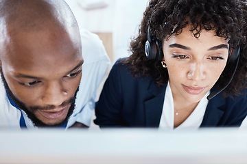 Image showing Callcenter face, thinking or teamwork on computer for coaching, consulting or networking in office. CRM, learning or black man and woman on tech telemarketing, research or strategy support service